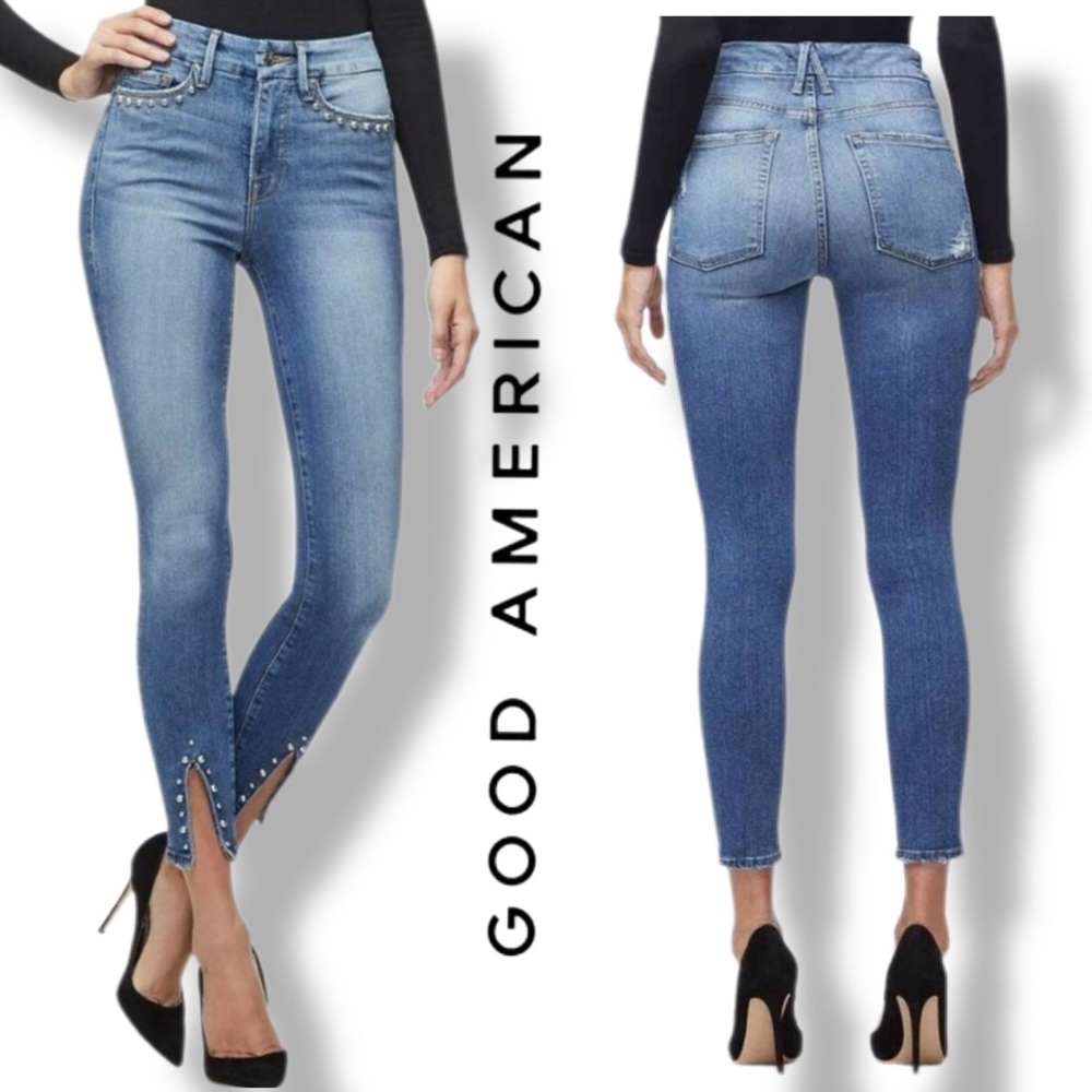 GOOD AMERICAN Good Legs Crop Studded Split Hem Skinny Jeans (Size 4)